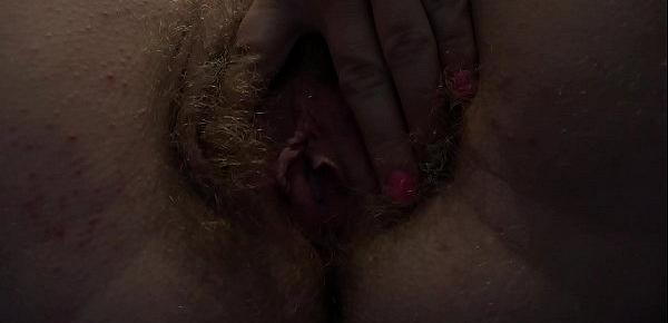  Very hairy pussy and wet pink hole close-up. Homemade fetish and ASMR.